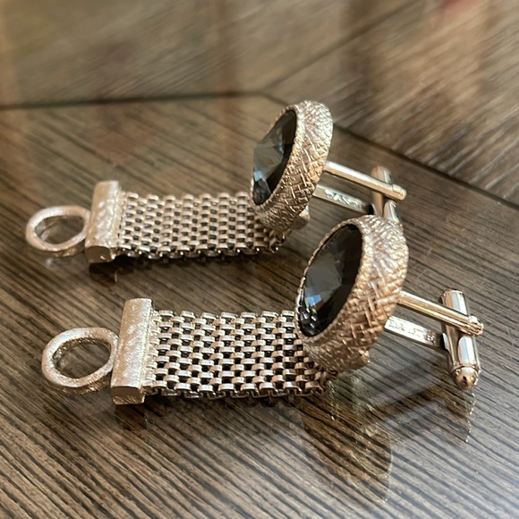 Vintage Silver-tone DANTE Bold Frame Blue Rivoli Glass Stone Mesh Wrap Cufflinks - Picture 4 of 16